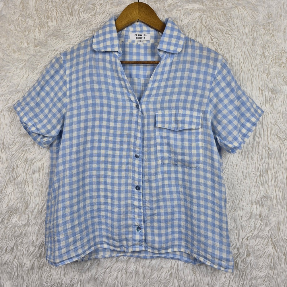 Frankies Bikinis Blue White Gingham Linen Short Sleeve Button Down Shirt Small